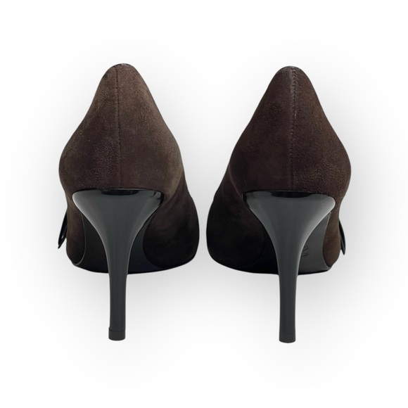 new Via Spiga ༄ Peep Toe Stiletto Heel Bow Pumps ༄ Suede Patent Leather ༄ Brown - Picture 4 of 16